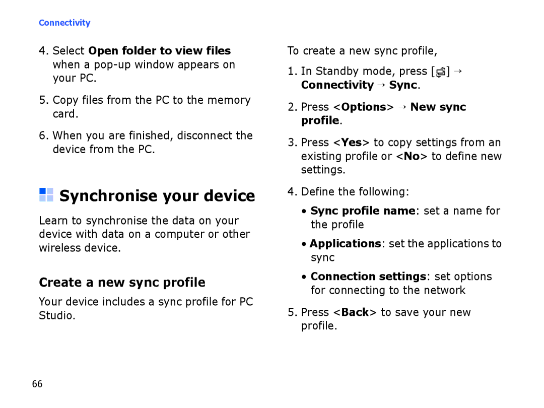 Samsung SGH-I550DKFARB manual Synchronise your device, Create a new sync profile, Press Options → New sync profile 