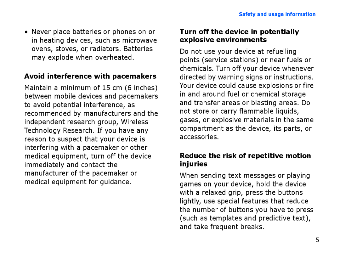 Samsung SGH-I550DKWXSG, SGH-I550DKFXSG Avoid interference with pacemakers, Reduce the risk of repetitive motion injuries 