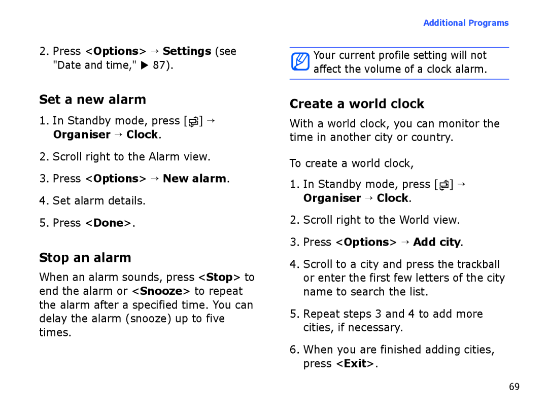 Samsung SGH-I550DKAARB, SGH-I550DKFXSG, SGH-I550DKWARB, SGH-I550DKWTUR Set a new alarm, Stop an alarm, Create a world clock 