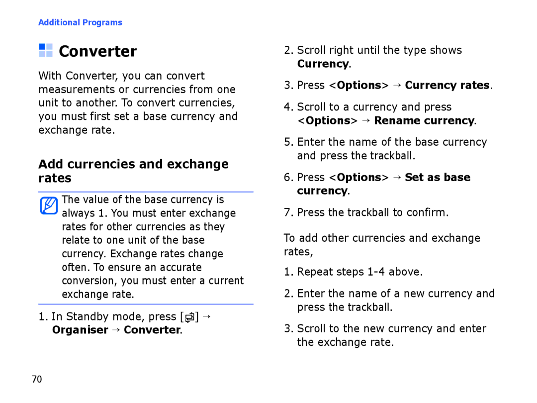 Samsung SGH-I550DKFXSG, SGH-I550DKWARB manual Converter, Add currencies and exchange rates, Press Options → Currency rates 