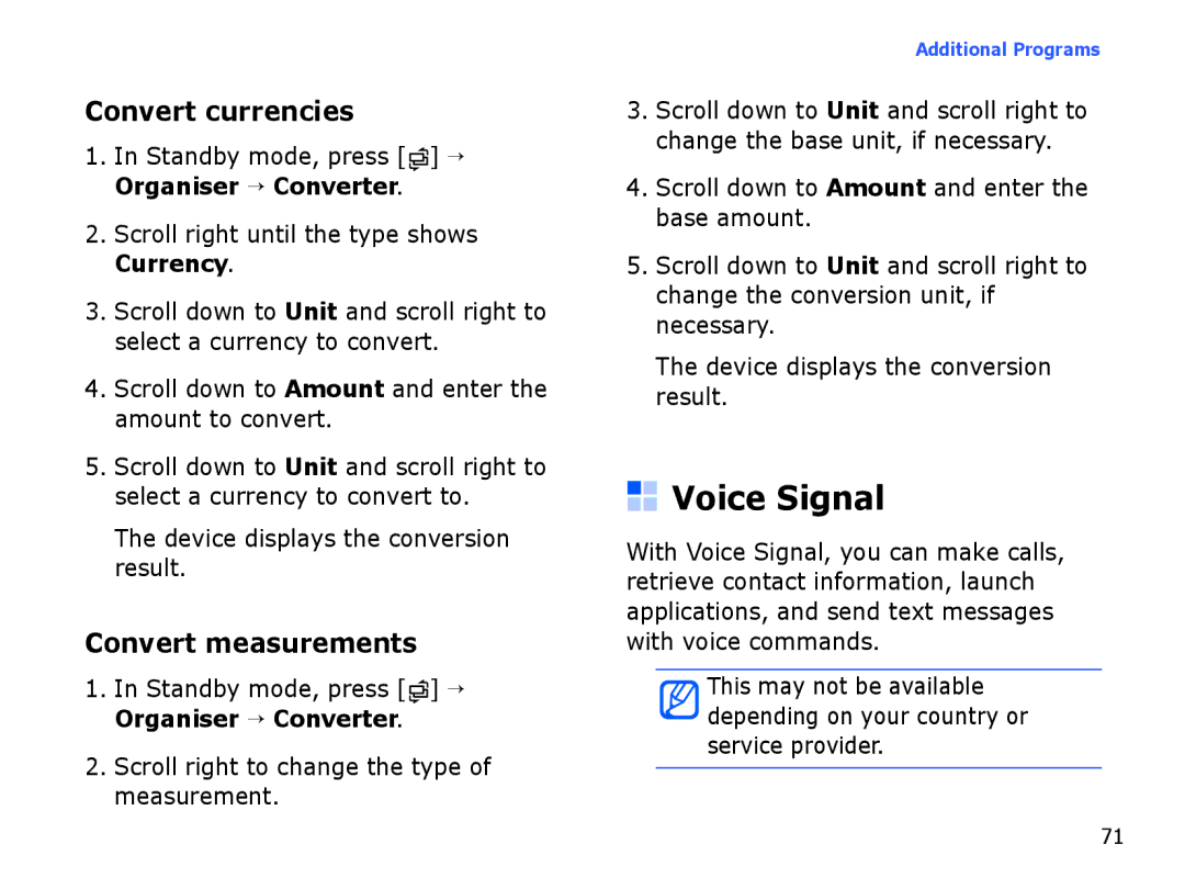 Samsung SGH-I550DKWARB, SGH-I550DKFXSG, SGH-I550DKWTUR manual Voice Signal, Convert currencies, Convert measurements 