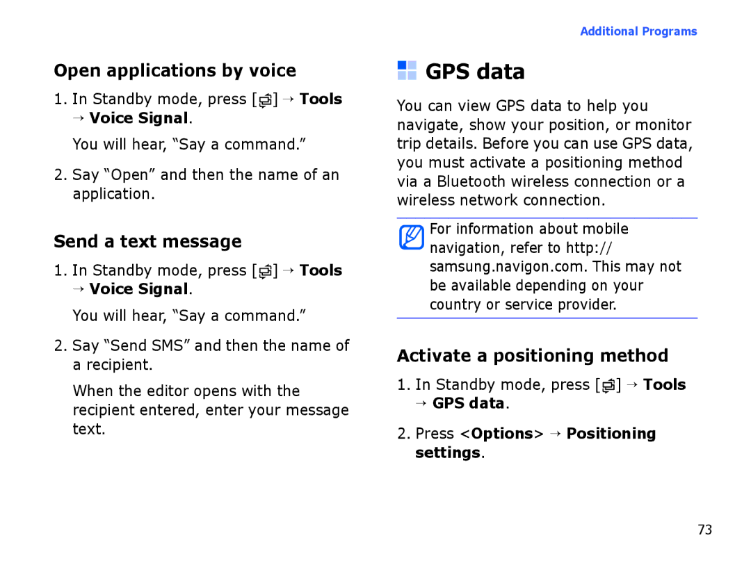 Samsung SGH-I550DKWMED manual GPS data, Open applications by voice, Send a text message, Activate a positioning method 