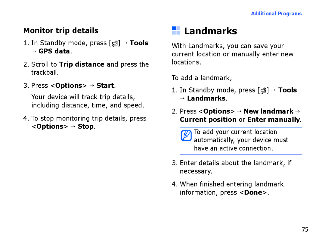 Samsung SGH-I550DKFARB, SGH-I550DKFXSG, SGH-I550DKWARB manual Monitor trip details, Press Options → Start, → Landmarks 