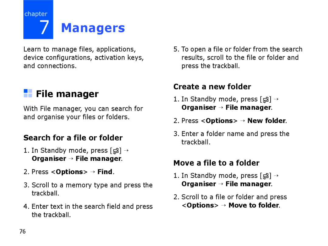 Samsung SGH-I550DKAXSG Managers, File manager, Search for a file or folder, Create a new folder, Move a file to a folder 