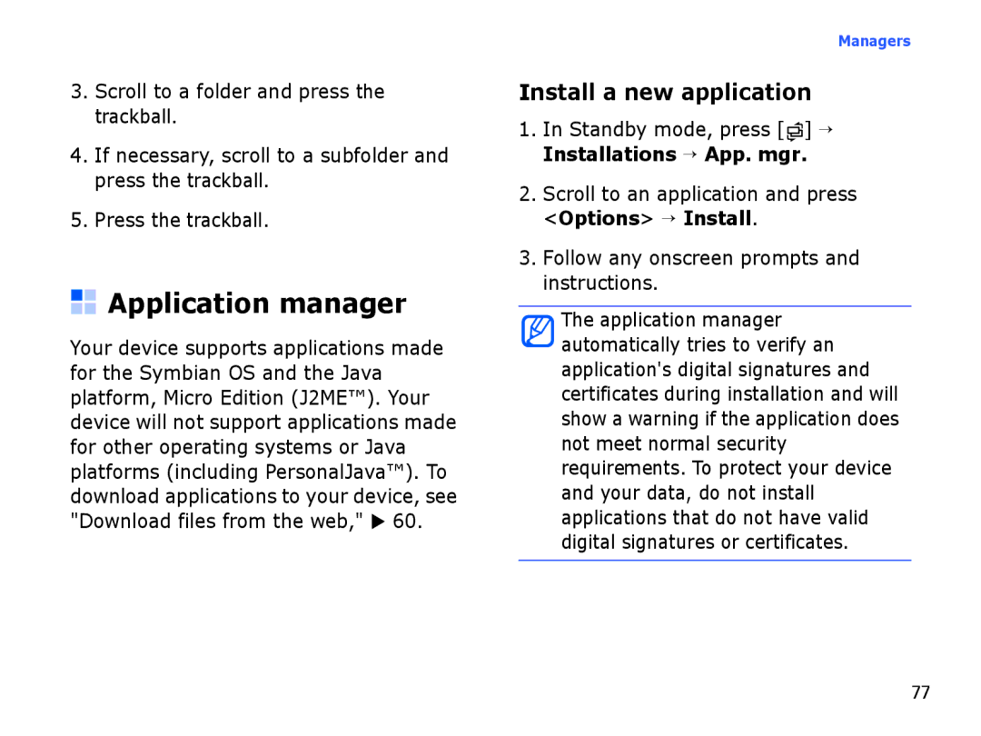 Samsung SGH-I550DKWXSG, SGH-I550DKFXSG, SGH-I550DKWARB, SGH-I550DKWTUR manual Application manager, Install a new application 