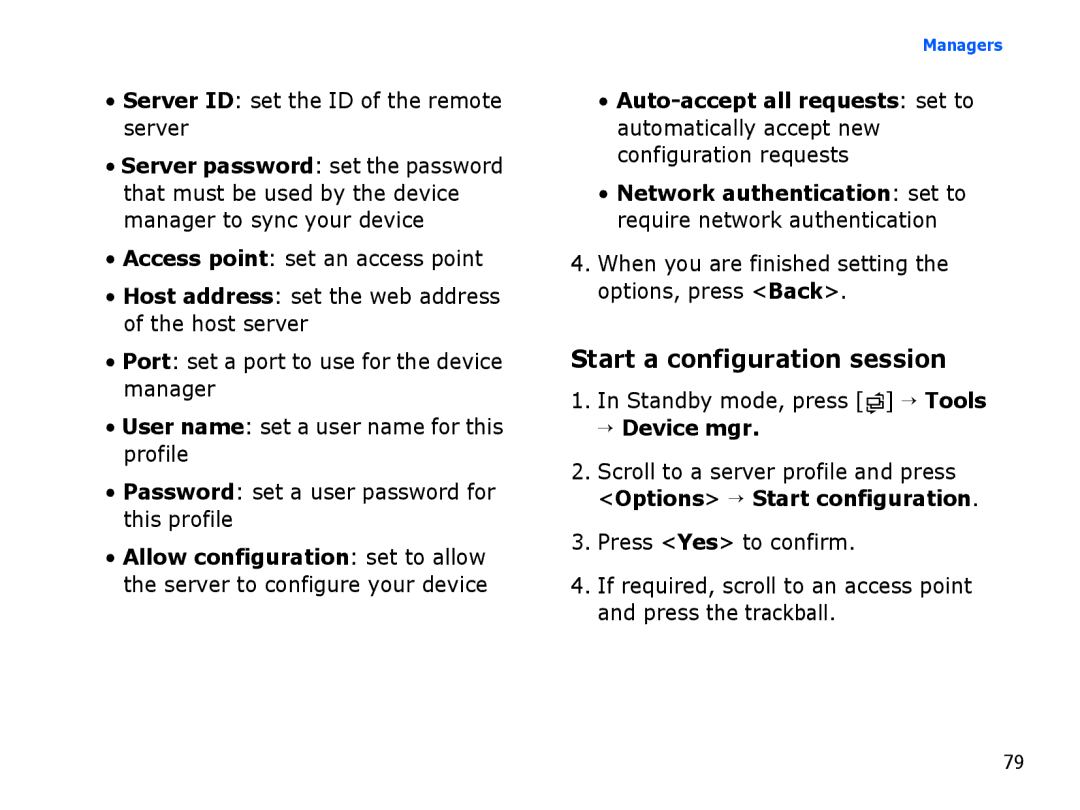 Samsung SGH-I550DKFXSG manual Start a configuration session, Server ID set the ID of the remote server, → Device mgr 