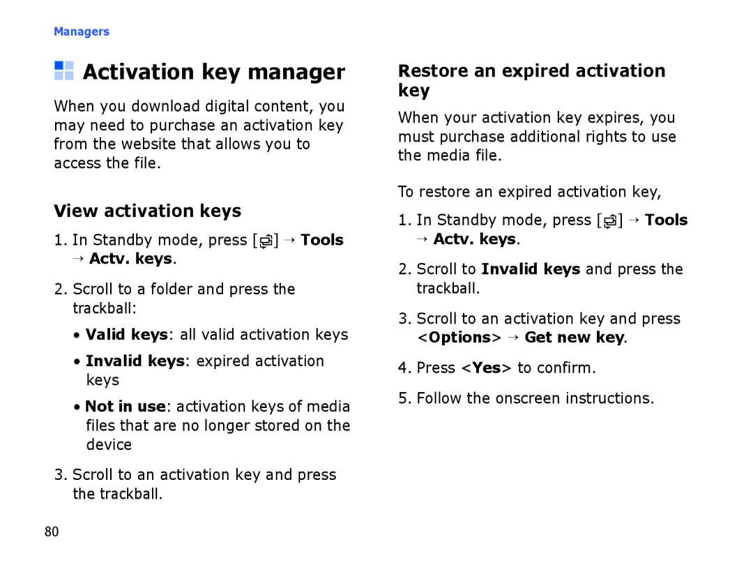 Samsung SGH-I550DKWARB manual Activation key manager, View activation keys, Restore an expired activation key, → Actv. keys 