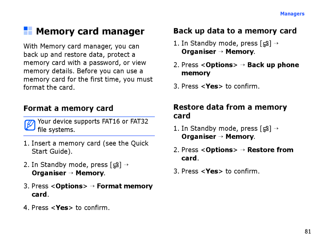 Samsung SGH-I550DKWTUR, SGH-I550DKFXSG manual Memory card manager, Format a memory card, Back up data to a memory card 