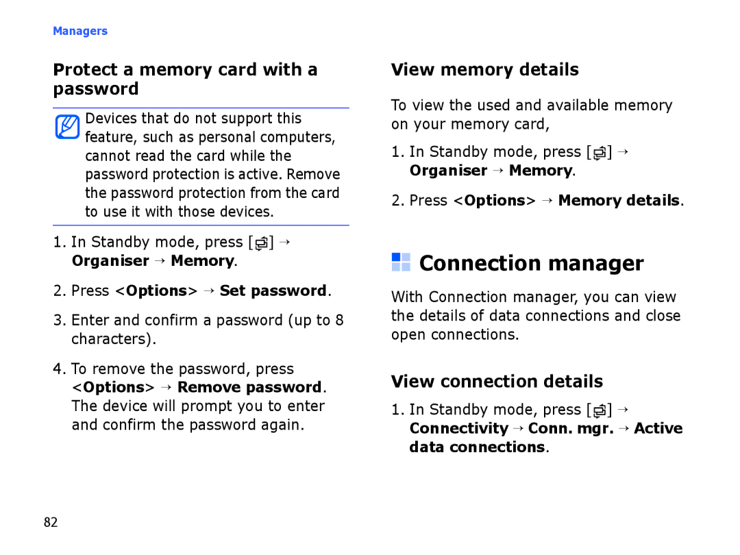 Samsung SGH-I550DKWMED, SGH-I550DKFXSG manual Connection manager, Protect a memory card with a password, View memory details 