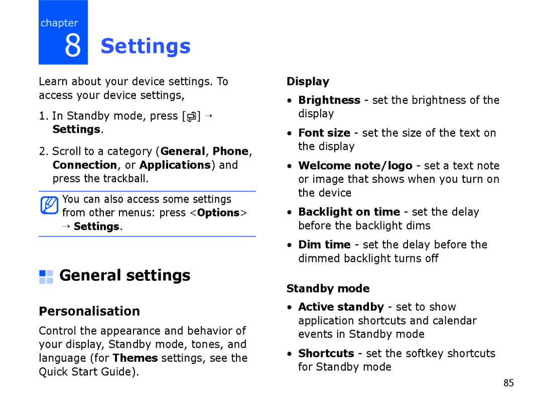 Samsung SGH-I550DKAXSG, SGH-I550DKFXSG, SGH-I550DKWARB, SGH-I550DKWTUR manual Settings, General settings, Personalisation 