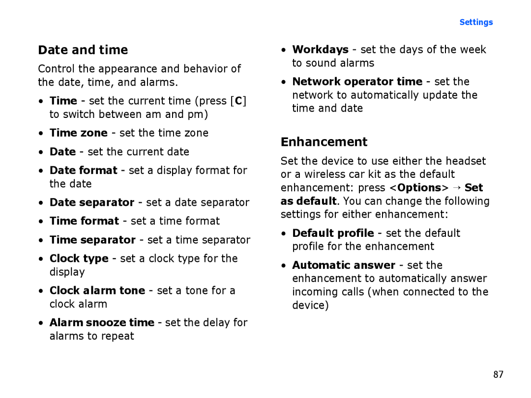 Samsung SGH-I550DKAARB, SGH-I550DKFXSG manual Date and time, Enhancement, Workdays set the days of the week to sound alarms 