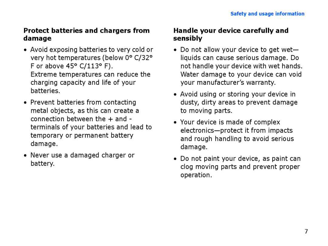 Samsung SGH-I550DKFXSG manual Protect batteries and chargers from damage, Handle your device carefully and sensibly 