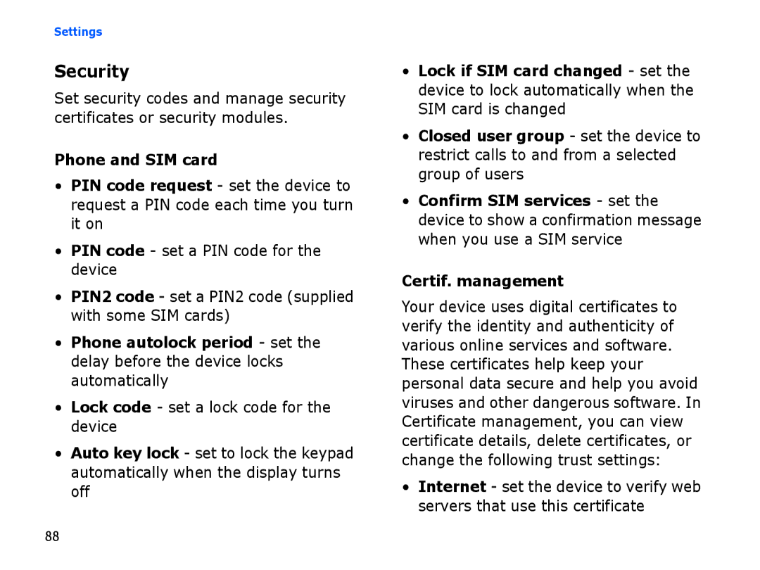 Samsung SGH-I550DKFXSG, SGH-I550DKWARB, SGH-I550DKWTUR, SGH-I550DKWMED, SGH-I550DKMXSG manual Security, Certif. management 