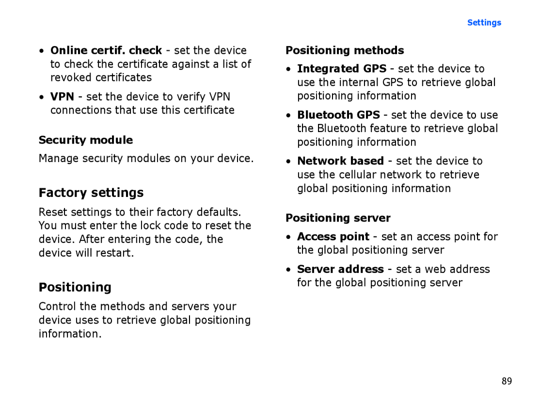 Samsung SGH-I550DKWARB, SGH-I550DKFXSG manual Factory settings, Security module, Positioning methods, Positioning server 