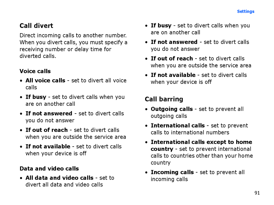 Samsung SGH-I550DKWMED manual Call divert, Call barring, Voice calls, If not answered set to divert calls you do not answer 