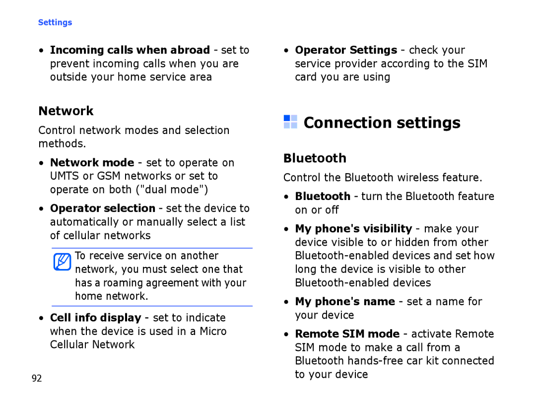 Samsung SGH-I550DKMXSG manual Connection settings, Network, Bluetooth, Control network modes and selection methods 