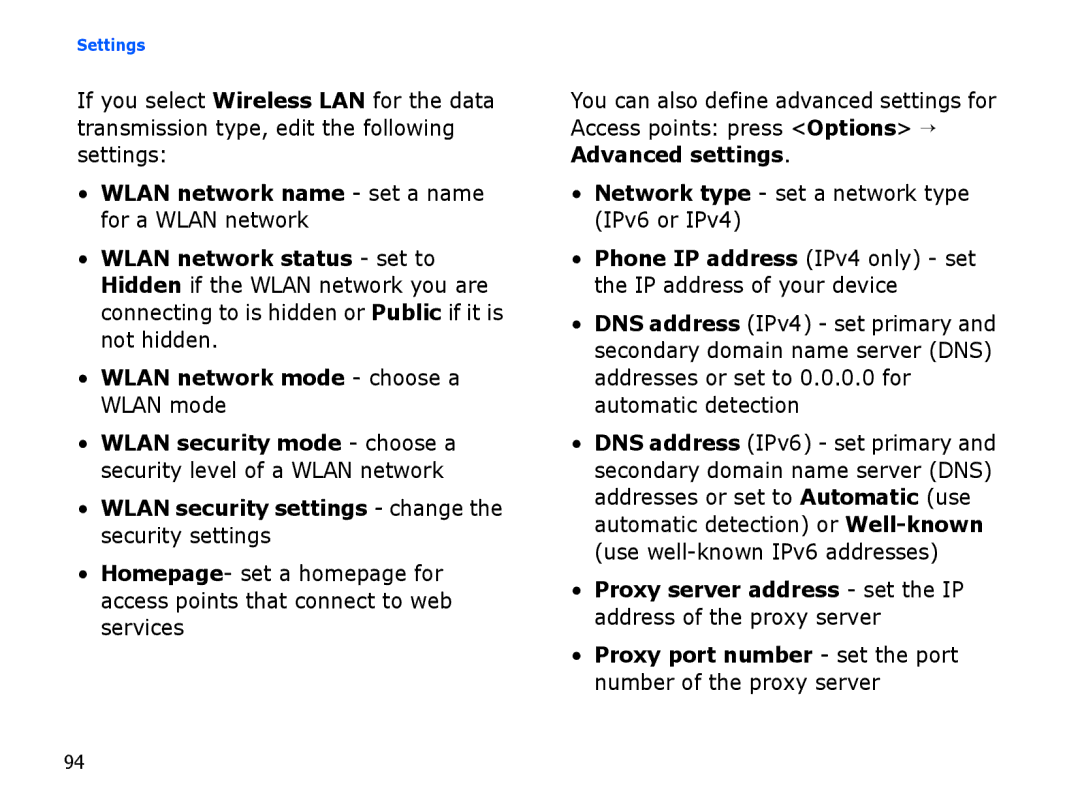 Samsung SGH-I550DKAXSG, SGH-I550DKFXSG, SGH-I550DKWARB manual Phone IP address IPv4 only set the IP address of your device 