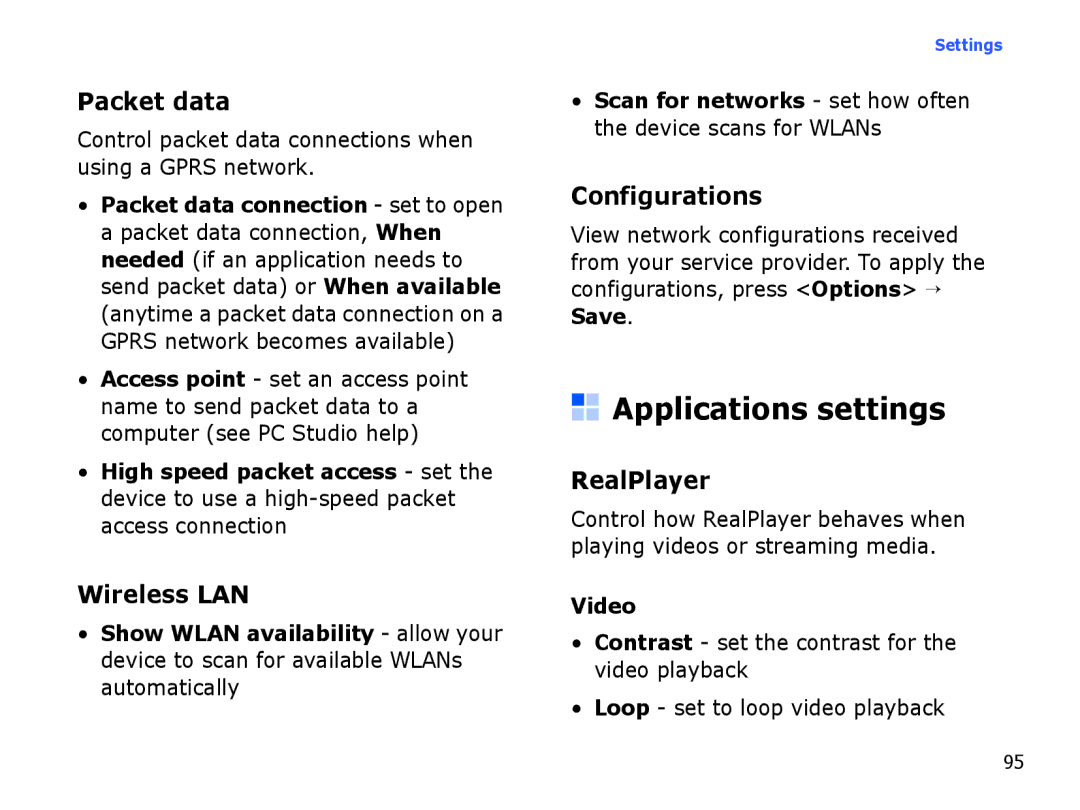 Samsung SGH-I550DKWXSG, SGH-I550DKFXSG manual Applications settings, Wireless LAN, Configurations, RealPlayer, Video 