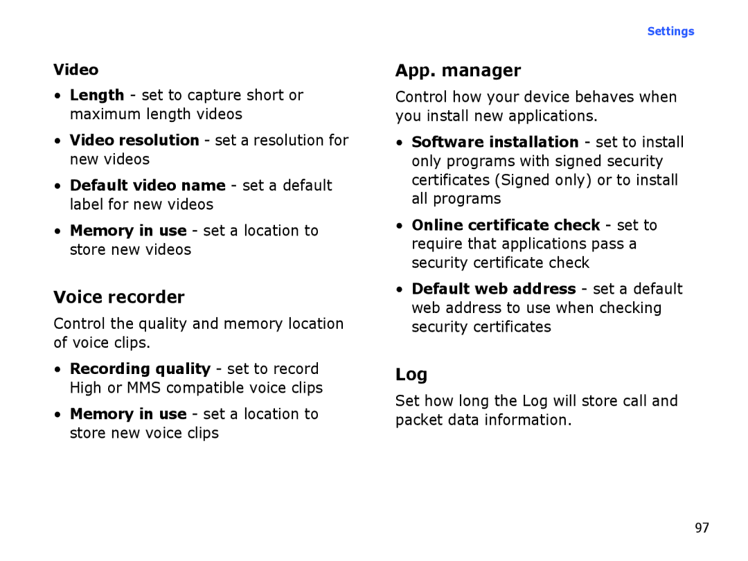 Samsung SGH-I550DKFXSG manual Voice recorder, App. manager, Log, Memory in use set a location to store new voice clips 