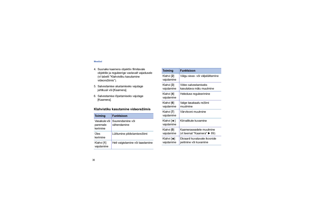 Samsung SGH-I550DKNSEB manual Klahvistiku kasutamine videorežiimis 