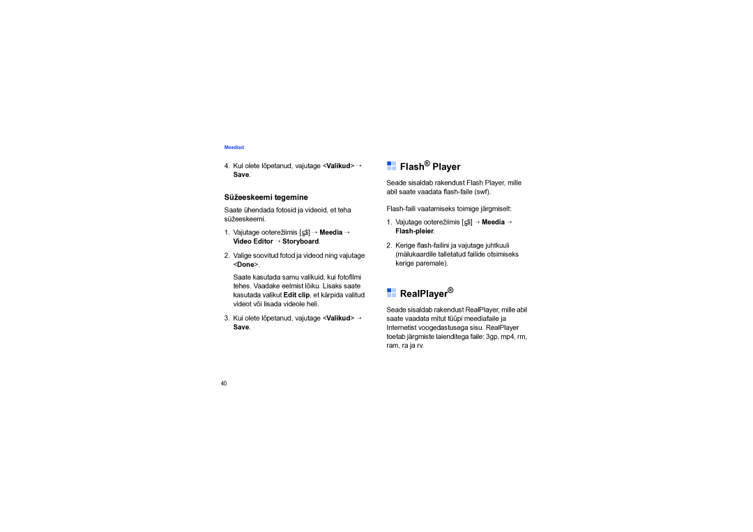 Samsung SGH-I550DKNSEB manual Flash Player, RealPlayer, Süžeeskeemi tegemine 