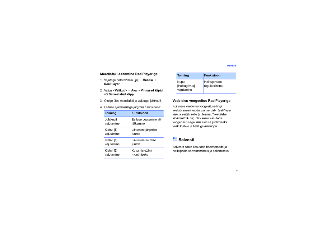 Samsung SGH-I550DKNSEB manual Salvesti, Meediafaili esitamine RealPlayeriga, Veebisisu voogesitus RealPlayeriga 