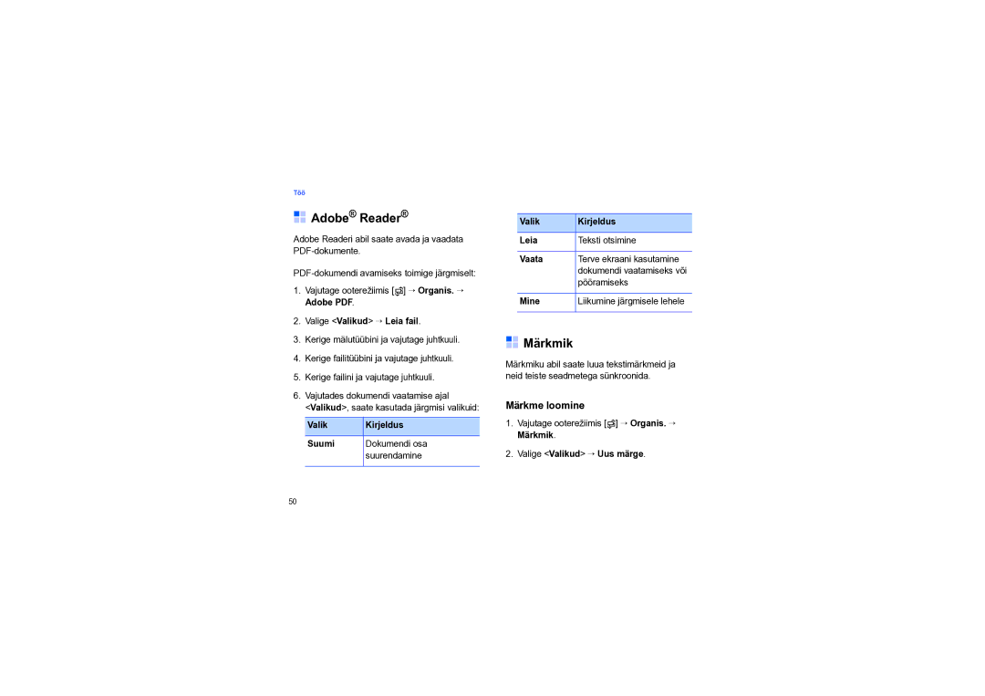 Samsung SGH-I550DKNSEB manual Adobe Reader, Märkmik, Märkme loomine, Valige Valikud → Leia fail, Valige Valikud → Uus märge 
