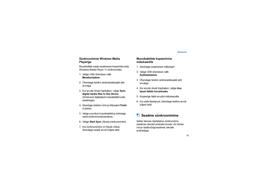 Samsung SGH-I550DKNSEB manual Seadme sünkroonimine, Sünkroonimine Windows Media Playeriga 