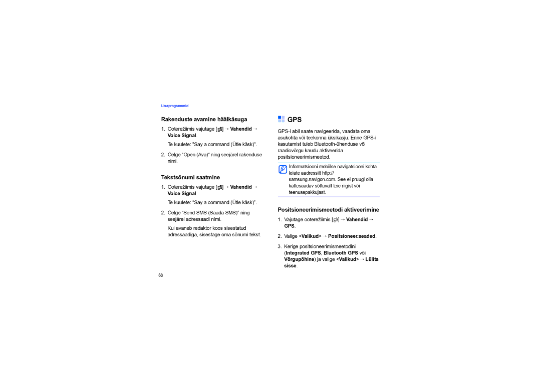 Samsung SGH-I550DKNSEB Gps, Rakenduste avamine häälkäsuga, Tekstsõnumi saatmine, Positsioneerimismeetodi aktiveerimine 