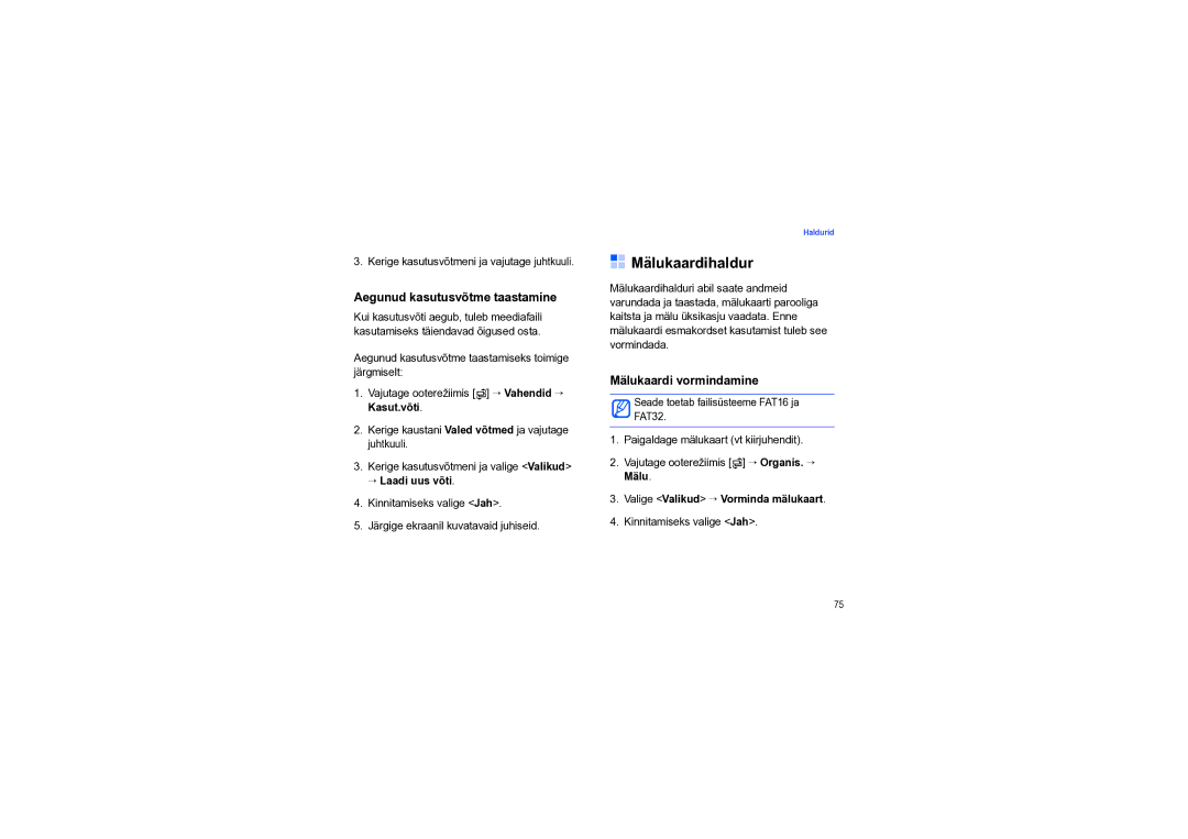 Samsung SGH-I550DKNSEB manual Mälukaardihaldur, Aegunud kasutusvõtme taastamine, Mälukaardi vormindamine, → Laadi uus võti 
