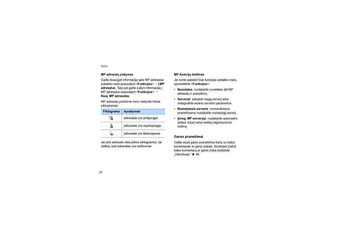 Samsung SGH-I550DKNSEB manual Garso pranešimai, MP adresatų įrašymas, Piktograma Aprašymas, MP funkcijų keitimas 