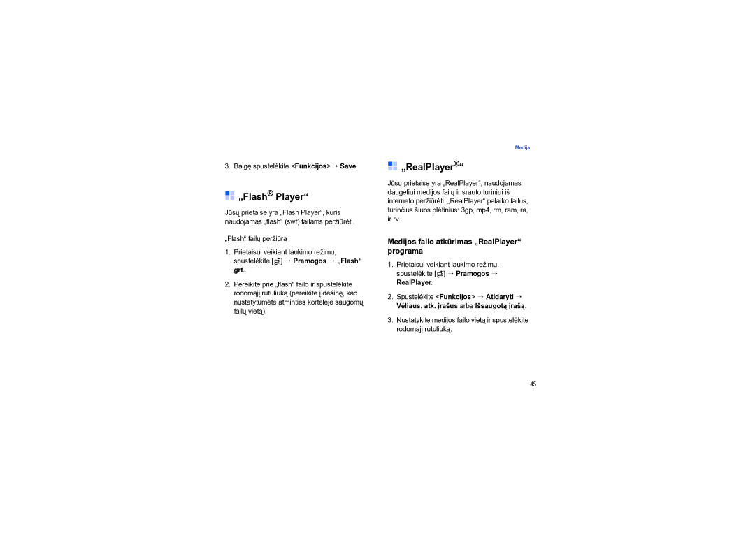 Samsung SGH-I550DKNSEB manual „Flash Player, Medijos failo atkūrimas „RealPlayer programa 