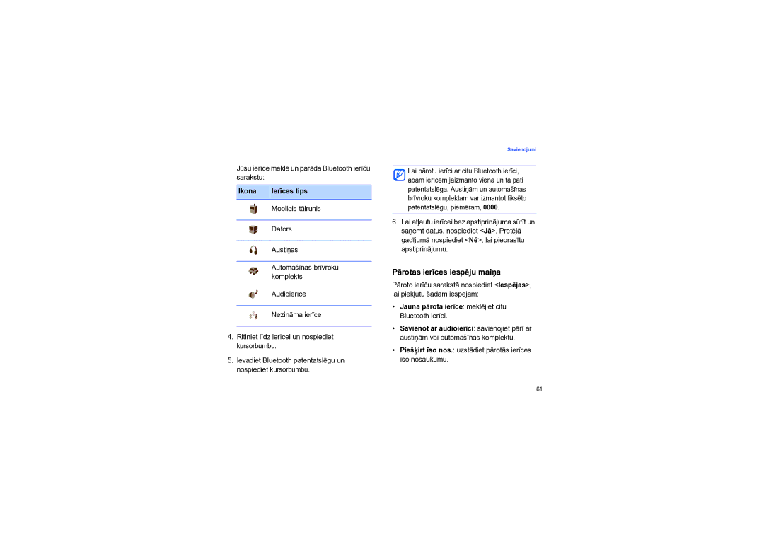 Samsung SGH-I550DKNSEB manual Pārotas ierīces iespēju maiņa, Ikona Ierīces tips 