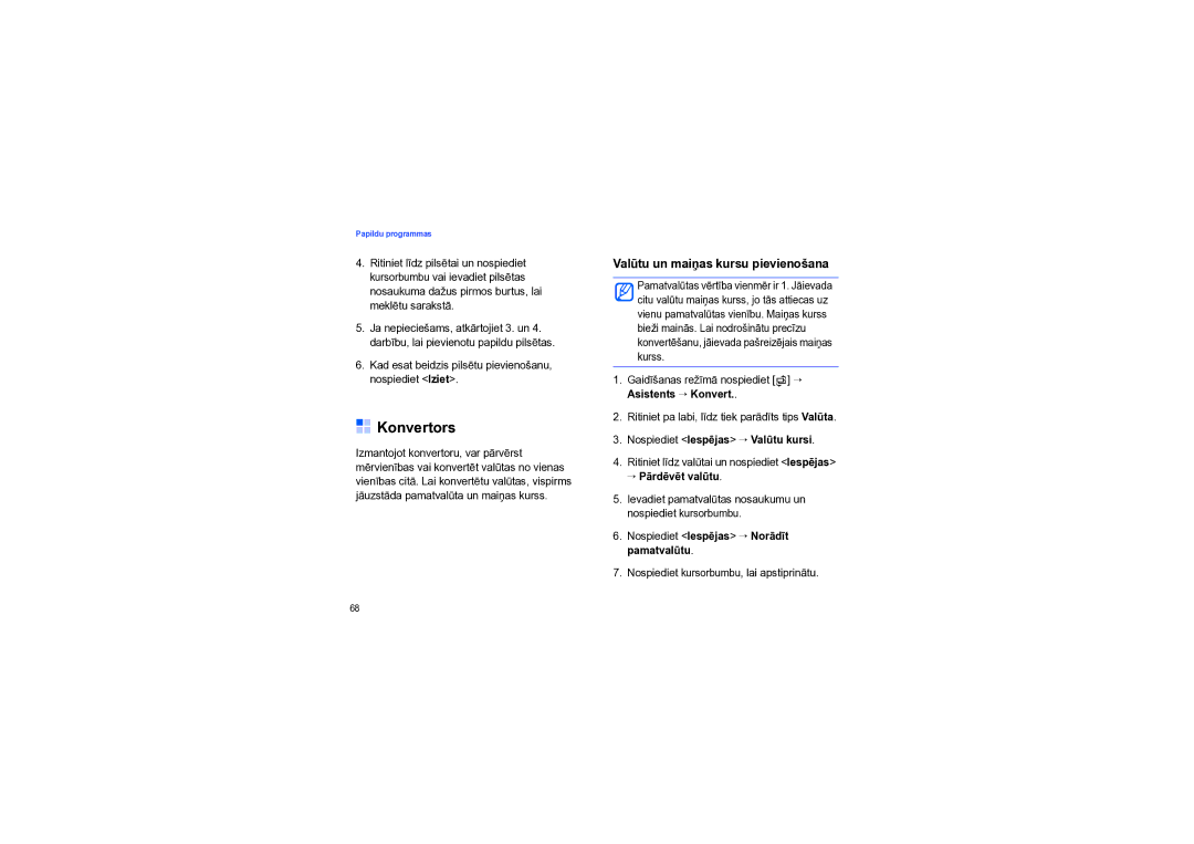 Samsung SGH-I550DKNSEB manual Konvertors, Valūtu un maiņas kursu pievienošana 