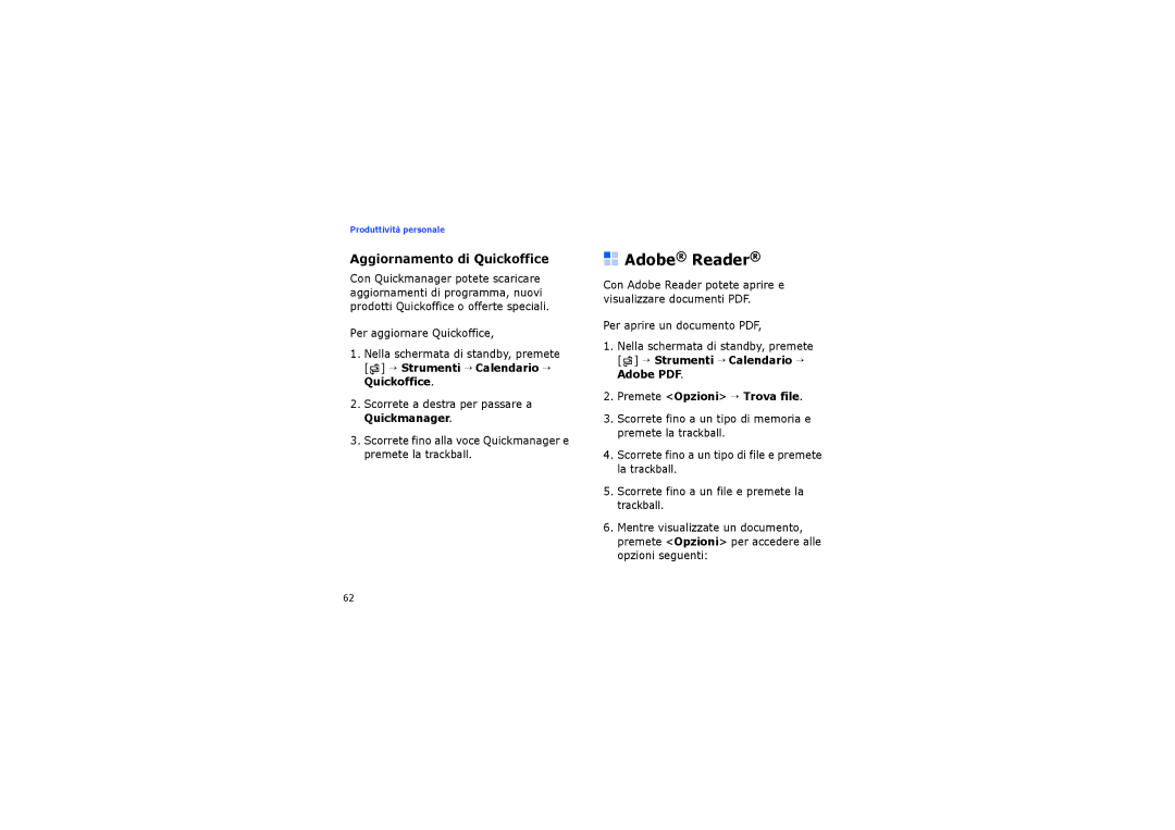 Samsung SGH-I550DKAHUI manual Adobe Reader, Aggiornamento di Quickoffice, Scorrete a destra per passare a Quickmanager 