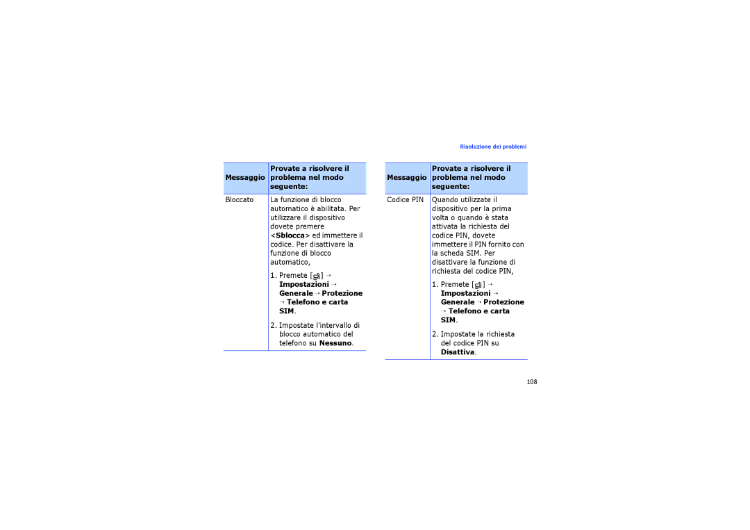 Samsung SGH-I560ZKVVOD Messaggio Problema nel modo Seguente, Impostazioni →, Generale → Protezione, → Telefono e carta 