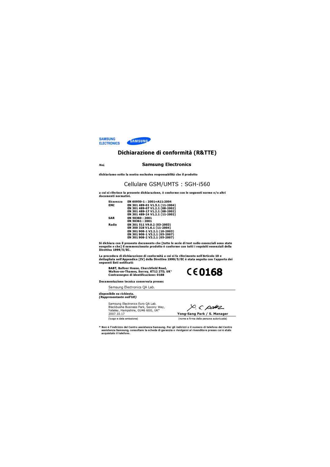 Samsung SGH-I560ZSVOMN, SGH-I560ZKVOMN, SGH-I560ZKVVOD manual Dichiarazione di conformità R&TTE 