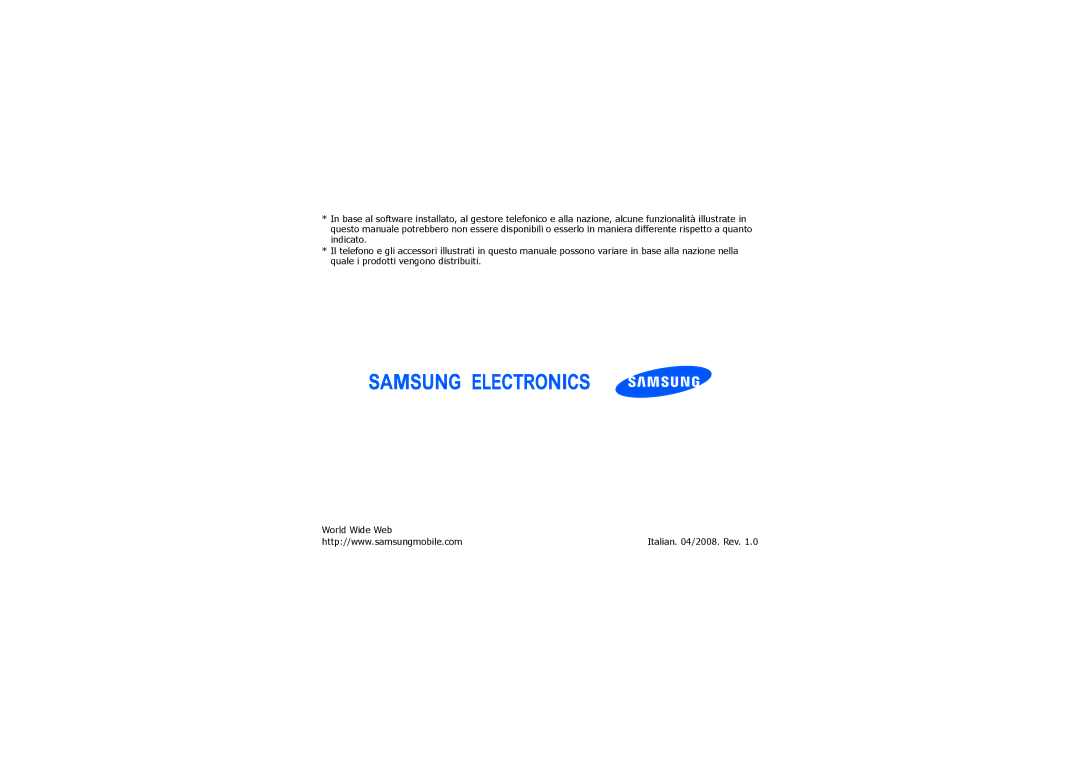 Samsung SGH-I560ZKVOMN, SGH-I560ZKVVOD, SGH-I560ZSVOMN manual Italian /2008. Rev 