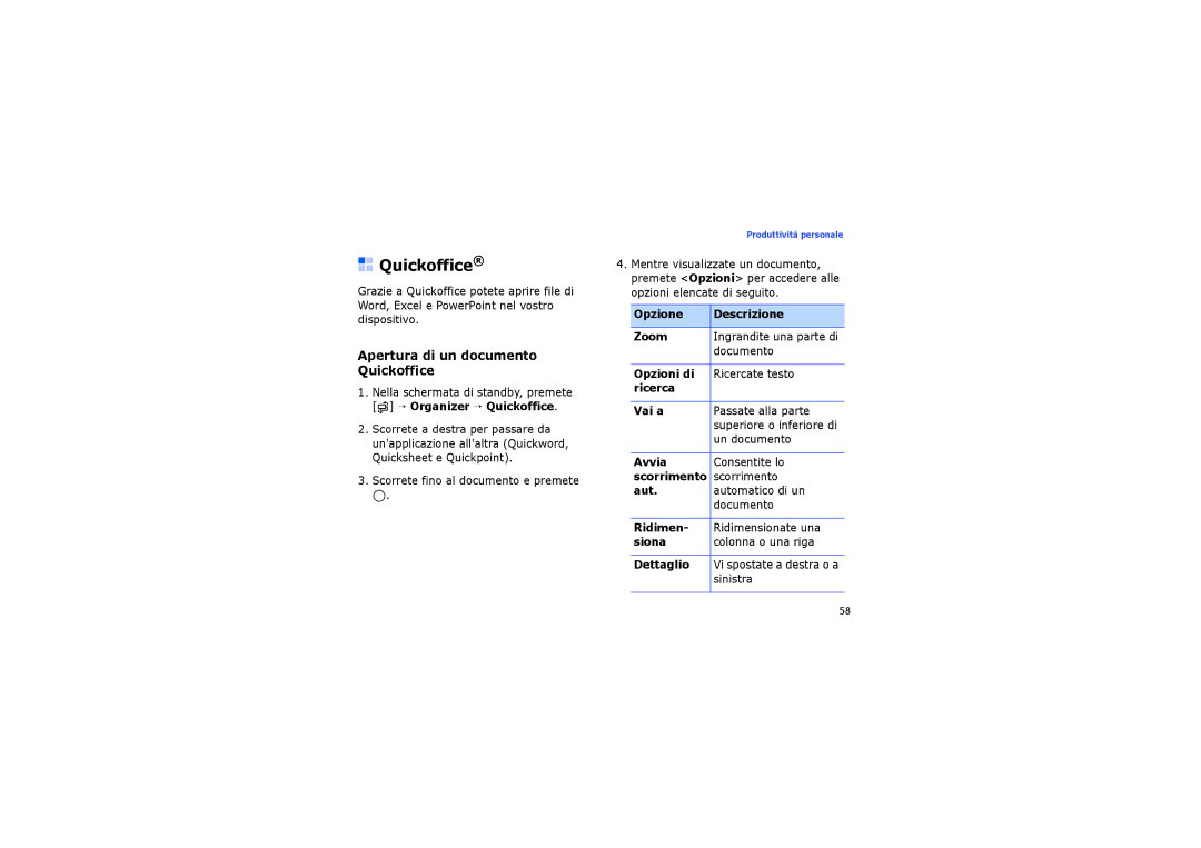 Samsung SGH-I560ZSVOMN, SGH-I560ZKVOMN, SGH-I560ZKVVOD manual Apertura di un documento Quickoffice 