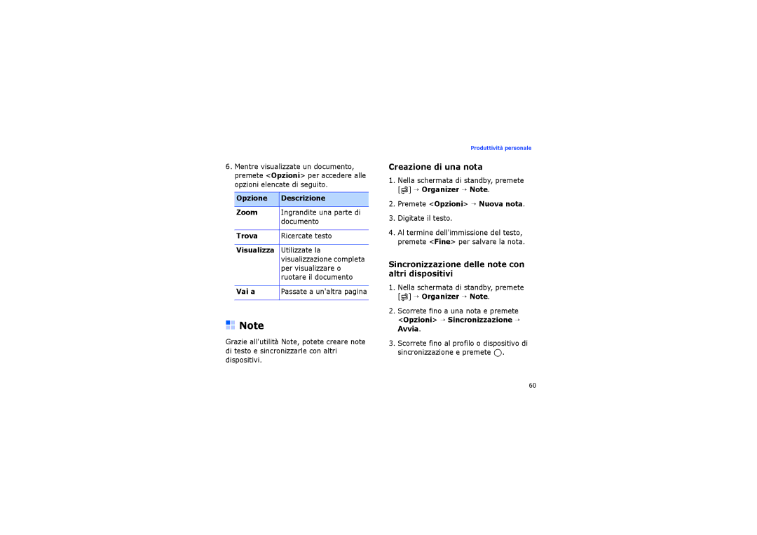 Samsung SGH-I560ZKVVOD manual Creazione di una nota, Sincronizzazione delle note con altri dispositivi, Trova, Visualizza 