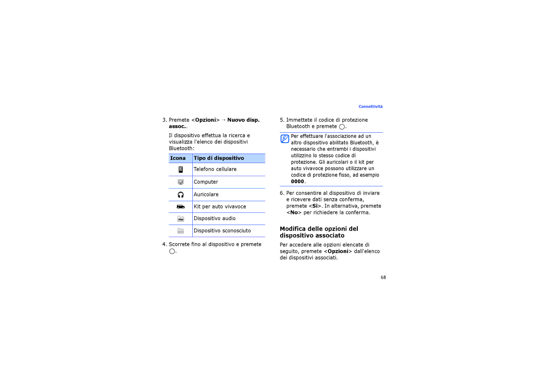 Samsung SGH-I560ZKVOMN manual Modifica delle opzioni del dispositivo associato, Premete Opzioni → Nuovo disp. assoc 