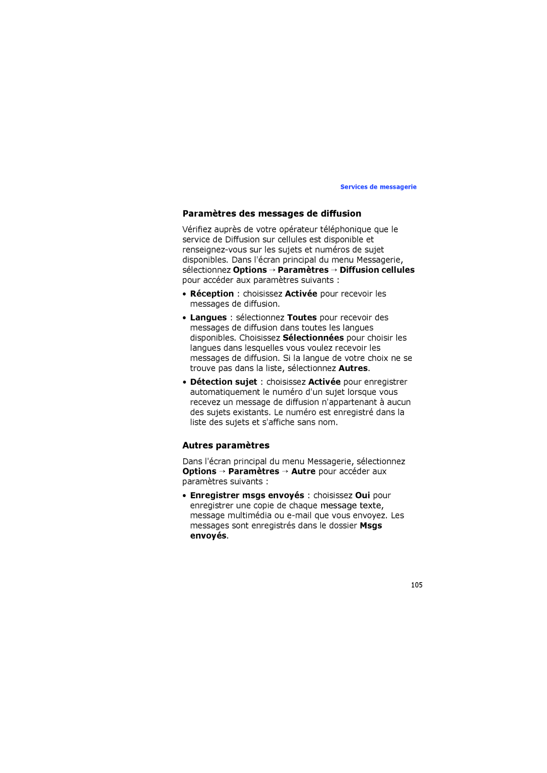 Samsung SGH-I560ZKVSFR manual Paramètres des messages de diffusion, Autres paramètres 