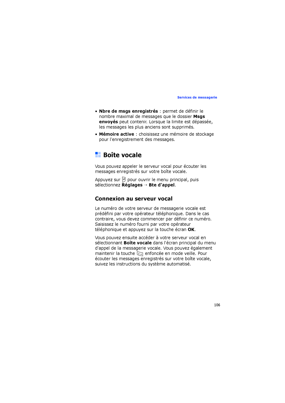 Samsung SGH-I560ZKVSFR manual Boîte vocale, Connexion au serveur vocal 
