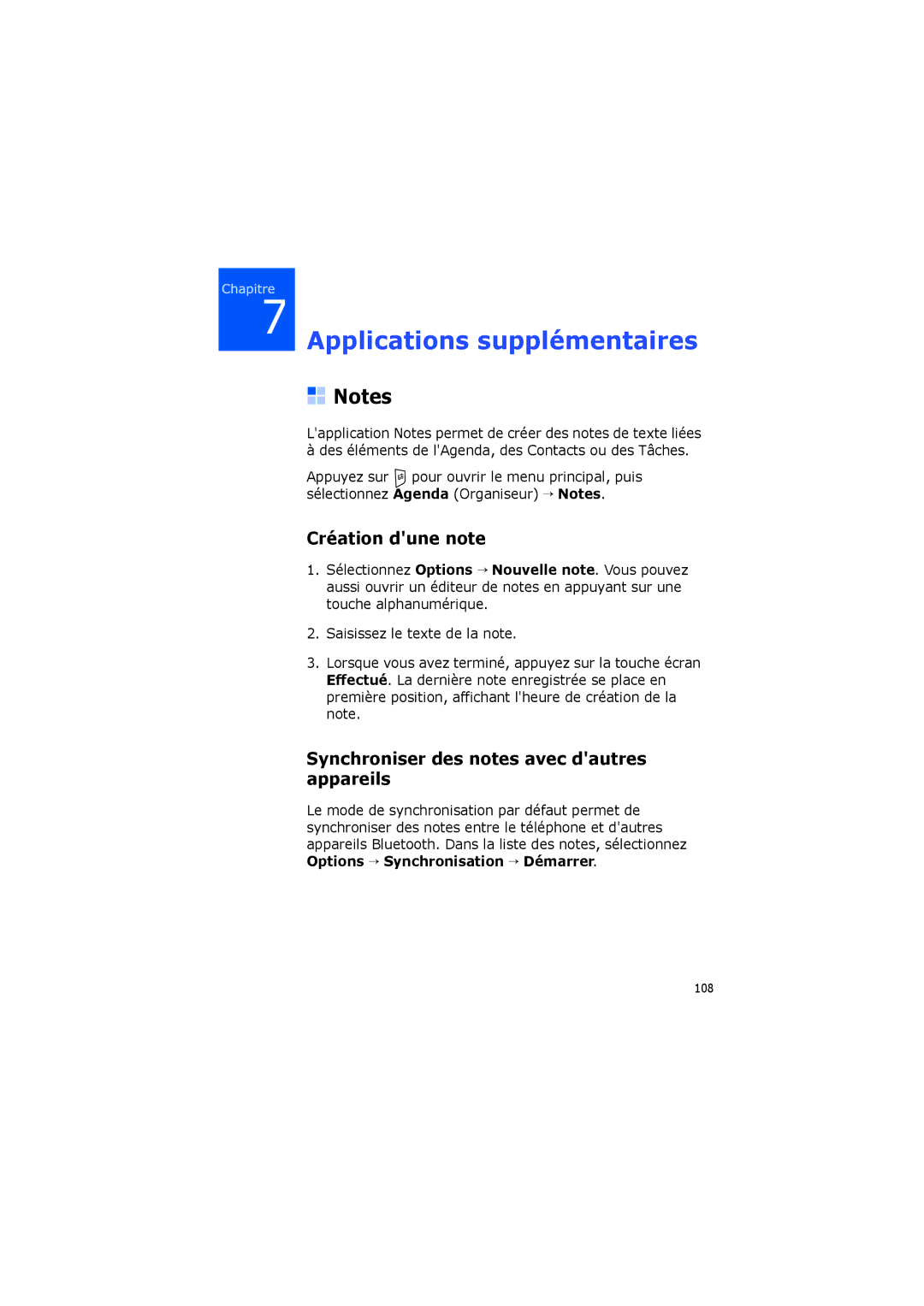 Samsung SGH-I560ZKVSFR manual Création dune note, Synchroniser des notes avec dautres appareils 