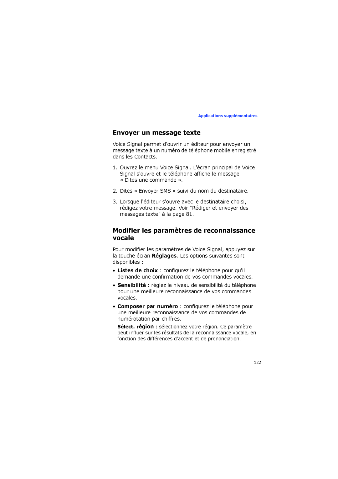 Samsung SGH-I560ZKVSFR manual Envoyer un message texte, Modifier les paramètres de reconnaissance vocale 