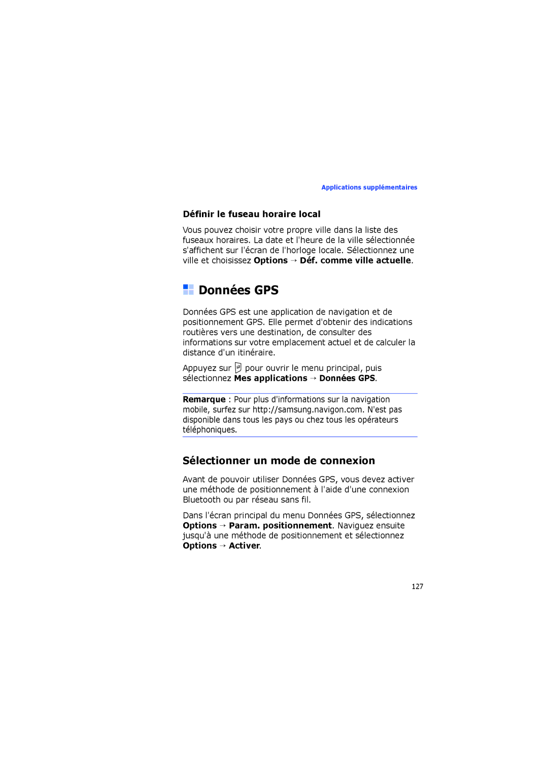 Samsung SGH-I560ZKVSFR Données GPS, Sélectionner un mode de connexion, Définir le fuseau horaire local, Options → Activer 