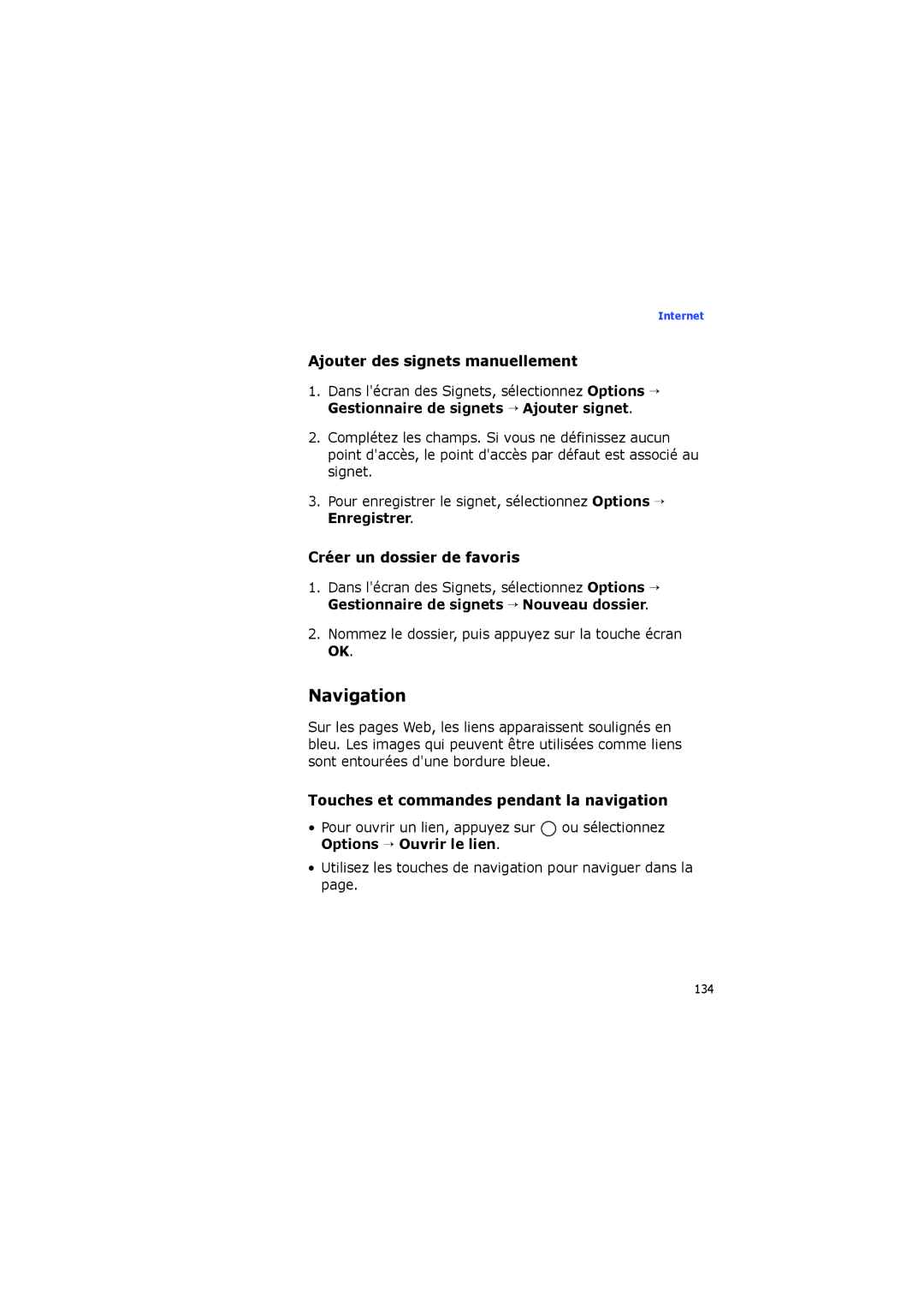 Samsung SGH-I560ZKVSFR manual Navigation, Ajouter des signets manuellement, Créer un dossier de favoris 
