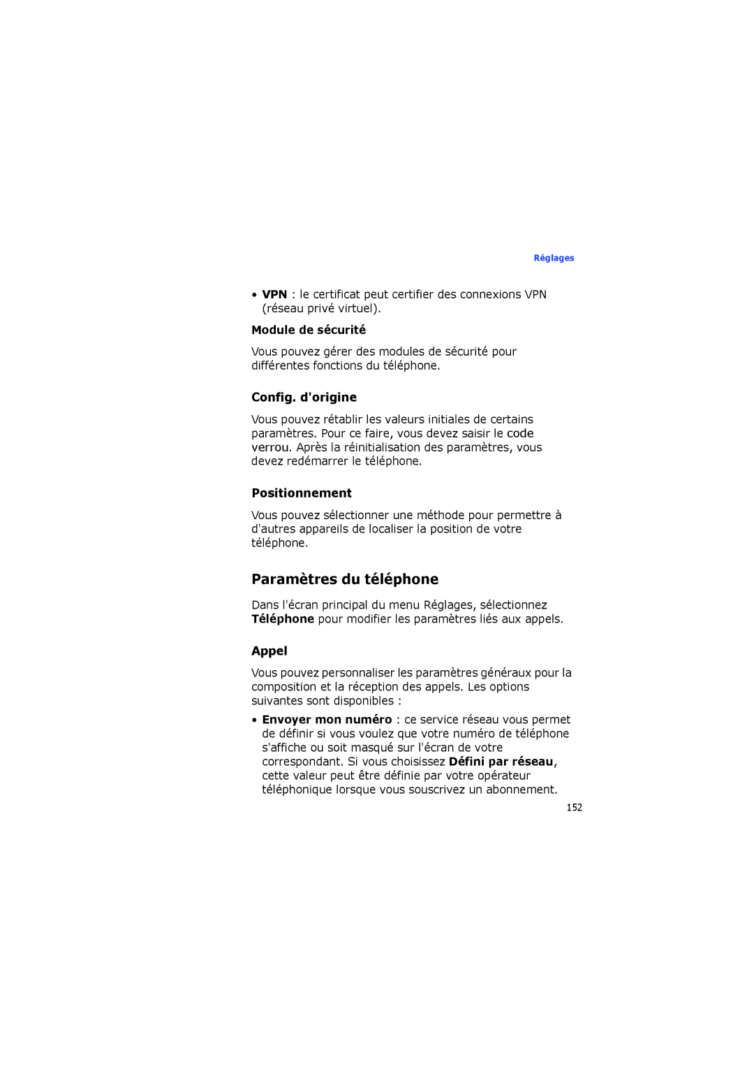 Samsung SGH-I560ZKVSFR manual Paramètres du téléphone, Config. dorigine, Positionnement, Appel, Module de sécurité 