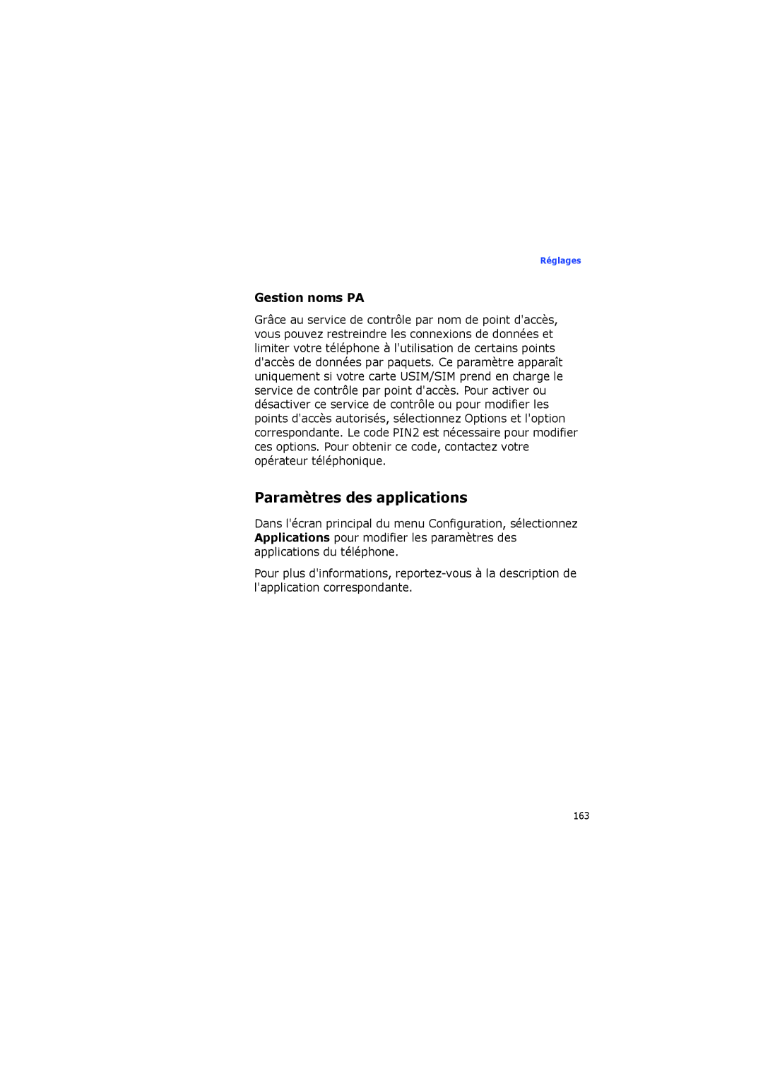 Samsung SGH-I560ZKVSFR manual Paramètres des applications, Gestion noms PA 
