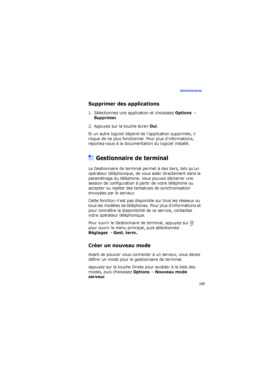 Samsung SGH-I560ZKVSFR manual Gestionnaire de terminal, Supprimer des applications 